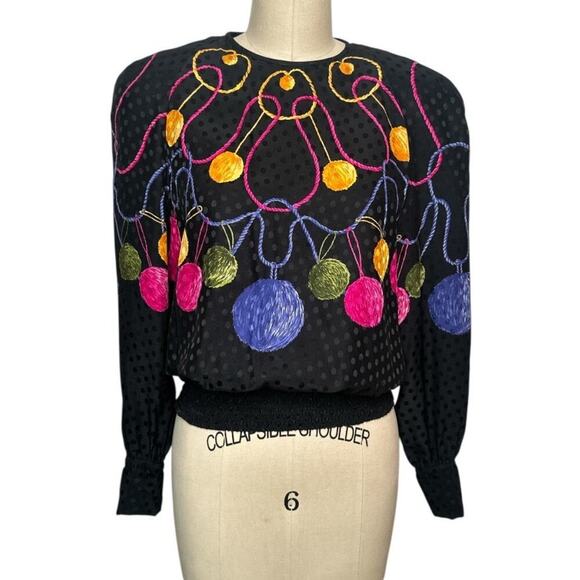 VTG 80s Francesca Of Damon Black Swiss Dot Multicolor Print Silk Blouse Size 8 - Picture 1 of 6
